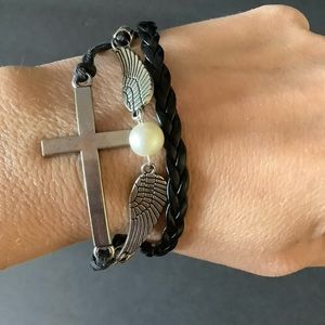 Black Braided Cord Bracelet With Cross and Pear Angel Wings